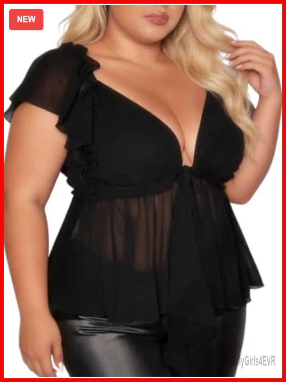 Plus Size Mesh Sheer Peplum Blouse Deep V Neck Ruffle Sleeve Tops Going Out